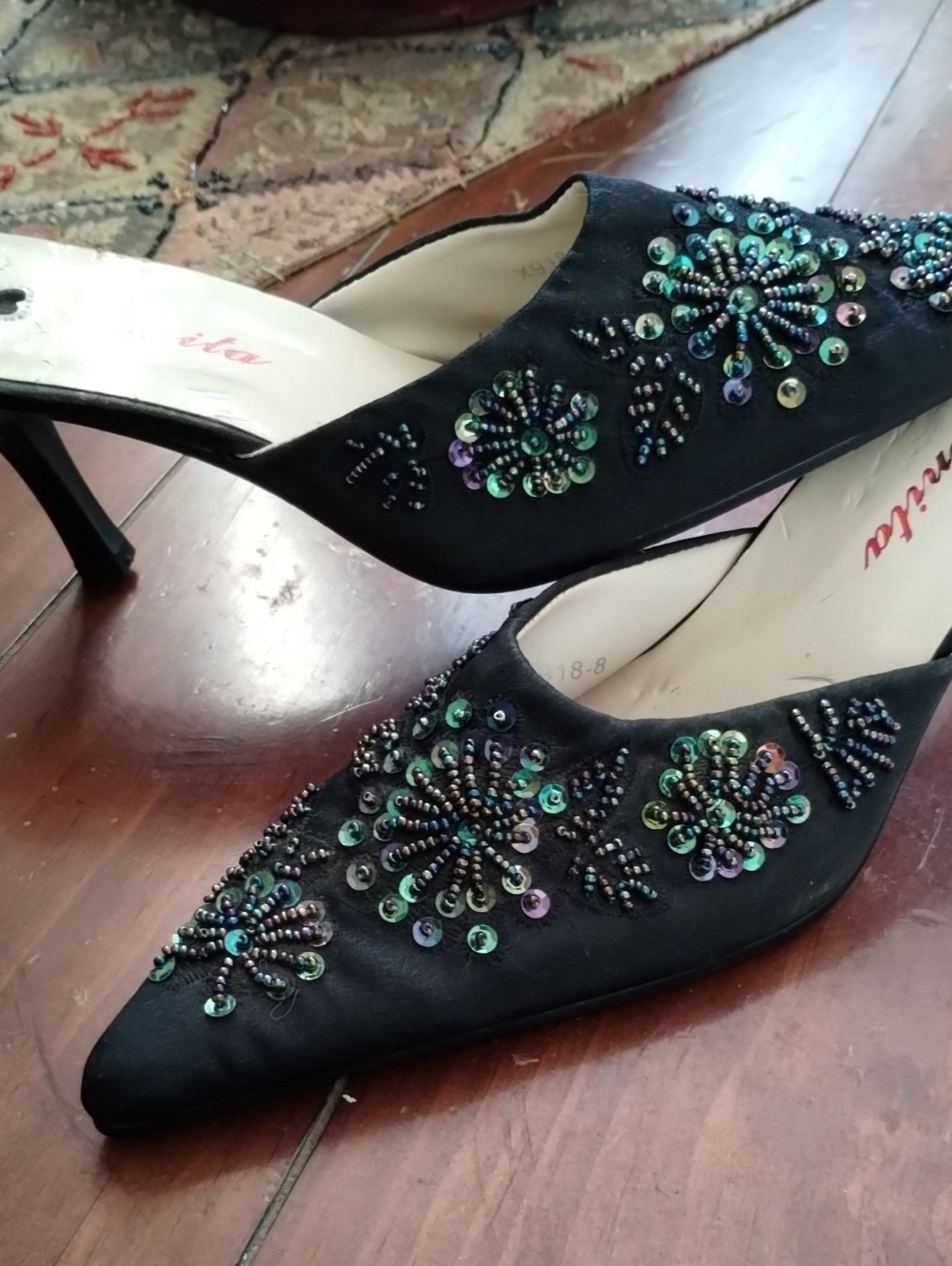 Embellished Black Beaded Pointed-Toe Heels